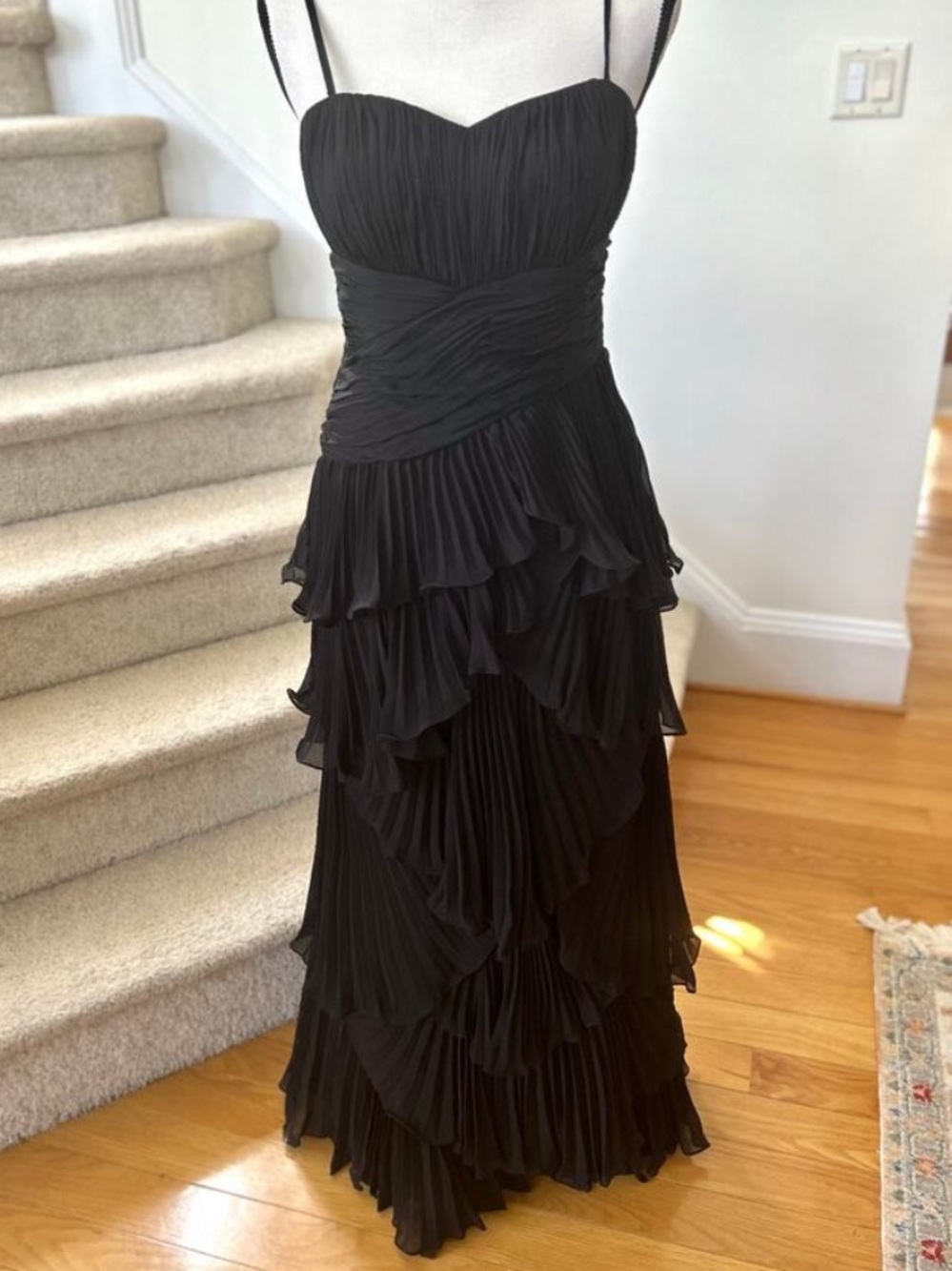 Black Strapless Ruffled Tiered Evening Dress. 47“ long. Pit to Pit approx 17”